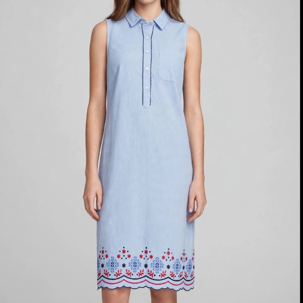 TOMMY HILFIGER Sleeveless Light Blue Embroidered Hem Dress Size Large - Picture 2 of 8